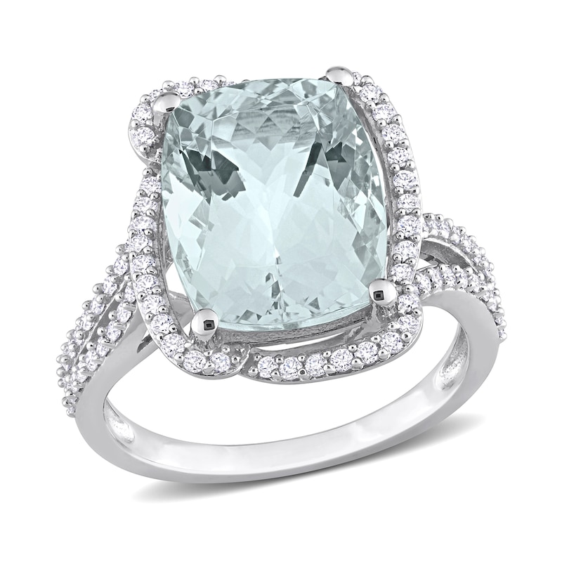 Elongated Cushion-Cut Aquamarine and 0.40 CT. T.W. Diamond Ring in 14K White Gold