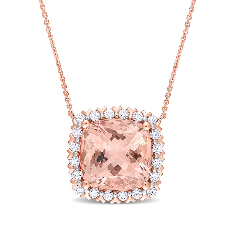 Cushion-Cut Morganite and 0.70 CT. T.W. Diamond Frame Pendant in 14K Rose Gold – 17”|Peoples Jewellers