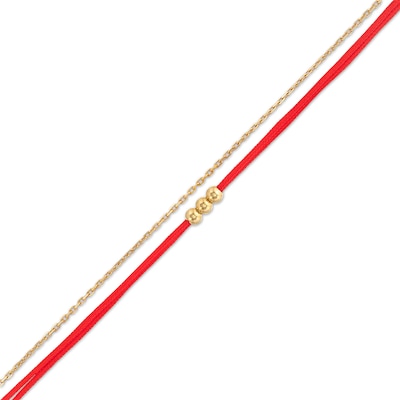 Red Nylon Thread with Bead Trio Cable Chain Bracelet in Hollow 14K Gold - 8"