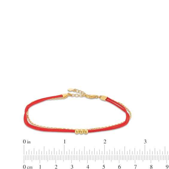 Red Nylon Thread with Bead Trio Cable Chain Bracelet in Hollow 14K Gold - 8"