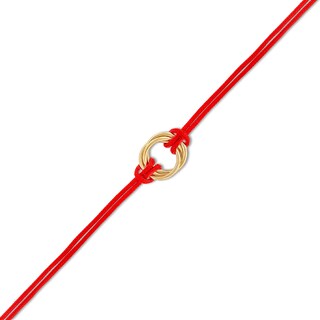 Red Nylon Strand with Triple Circle Adjustable Bracelet in 14K Gold - 7.5"