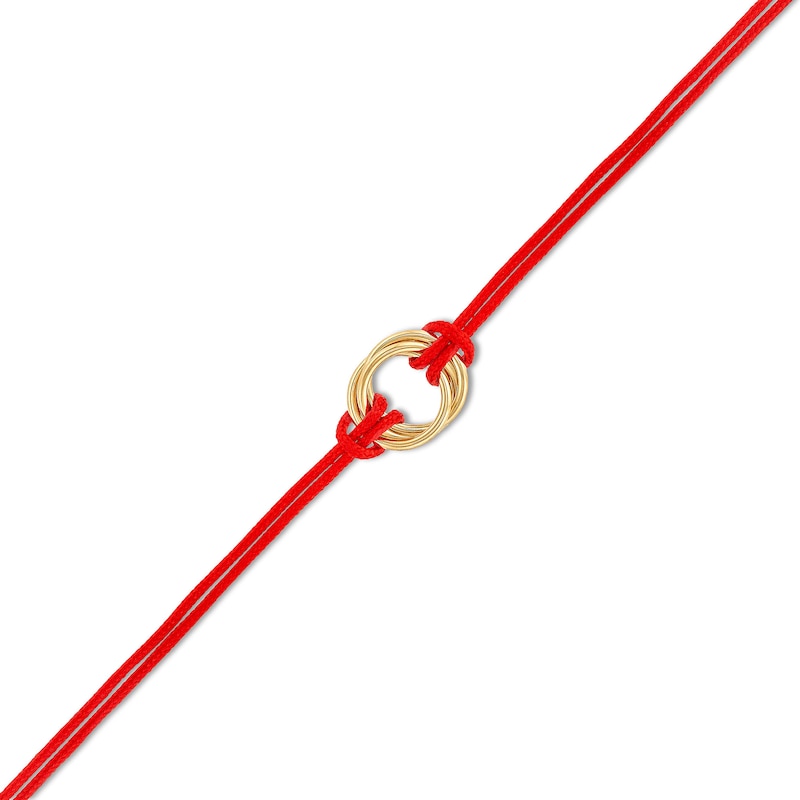 Red Nylon Strand with Triple Circle Adjustable Bracelet in 14K Gold - 7.5"