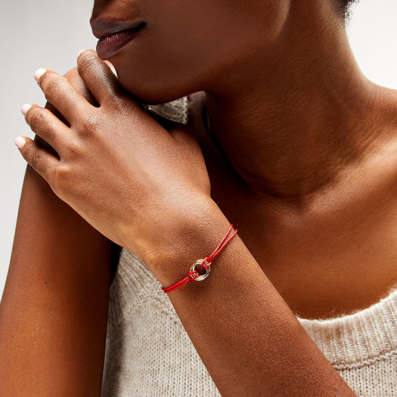 Red Nylon Strand with Triple Circle Adjustable Bracelet in 14K Gold - 7.5"