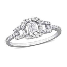 0.31 CT. T.W. Baguette and Round Diamond Cushion Frame Split Shank Engagement Ring in 10K White Gold