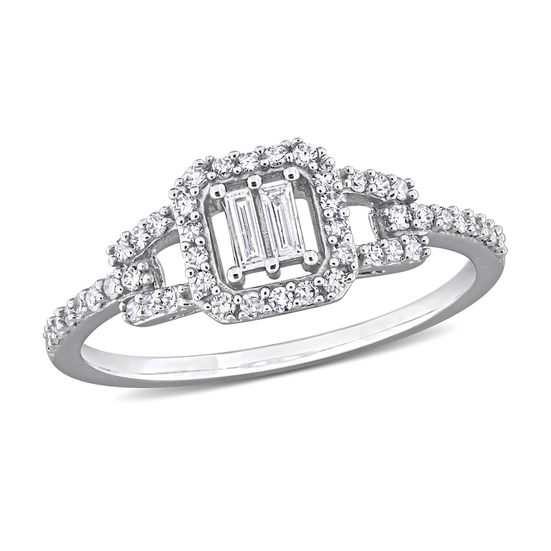 0.31 CT. T.W. Baguette and Round Diamond Cushion Frame Split Shank Engagement Ring in 10K White Gold|Peoples Jewellers