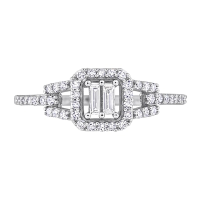 0.31 CT. T.W. Baguette and Round Diamond Cushion Frame Split Shank Engagement Ring in 10K White Gold