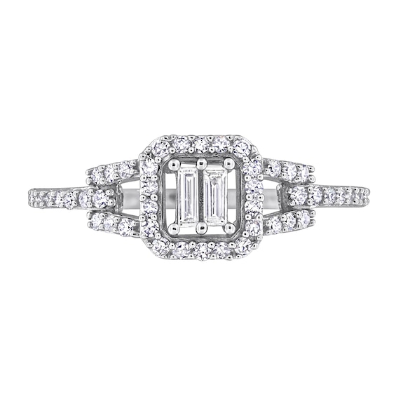 0.31 CT. T.W. Baguette and Round Diamond Cushion Frame Split Shank Engagement Ring in 10K White Gold