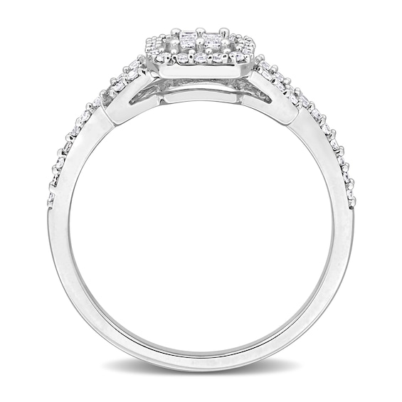 0.31 CT. T.W. Baguette and Round Diamond Cushion Frame Split Shank Engagement Ring in 10K White Gold