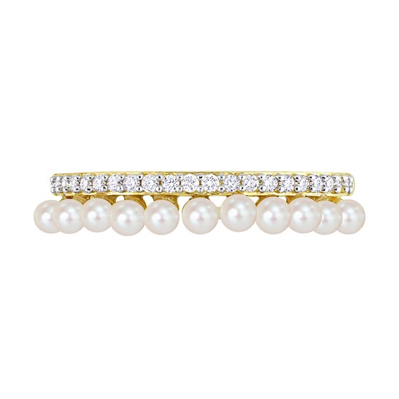 Freshwater Cultured Pearl and 0.16 CT. T.W. Diamond Double Row Ring in 14K Gold