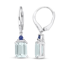 Emerald-Cut Aquamarine, Blue Sapphire and 0.08 CT. T.W. Diamond Stacked Drop Earrings in Sterling Silver