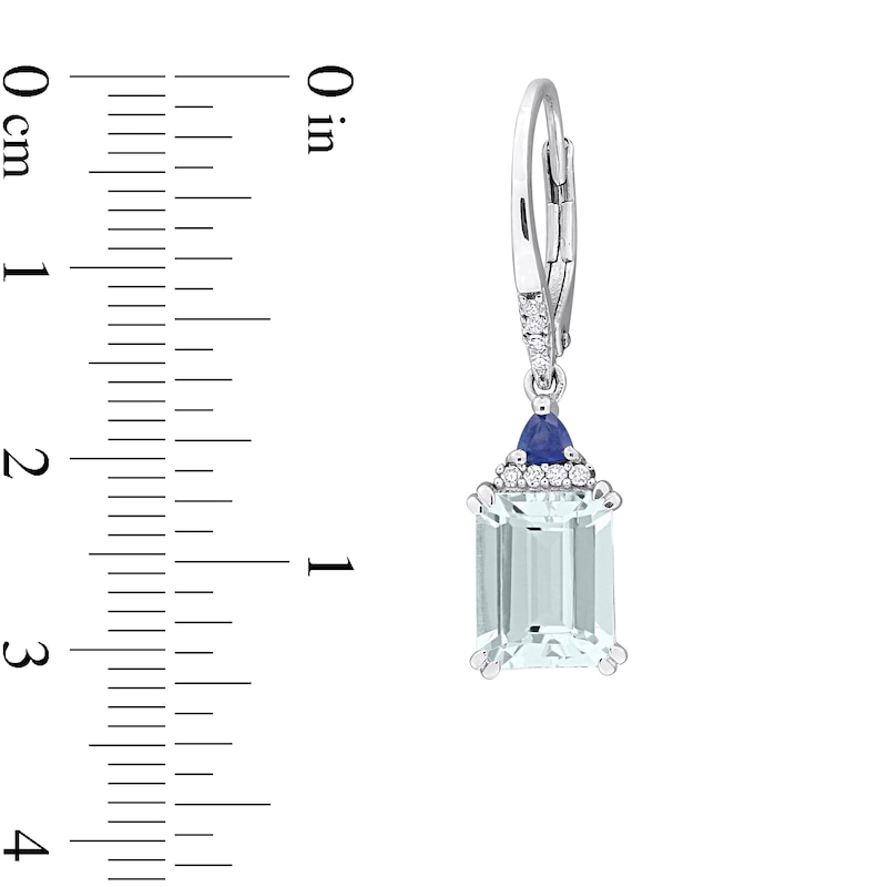 Emerald-Cut Aquamarine, Blue Sapphire and 0.08 CT. T.W. Diamond Stacked Drop Earrings in Sterling Silver