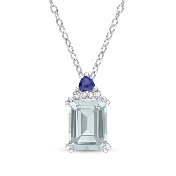 Emerald-Cut Aquamarine, Blue Sapphire and Diamond Accent Stacked Pendant in Sterling Silver