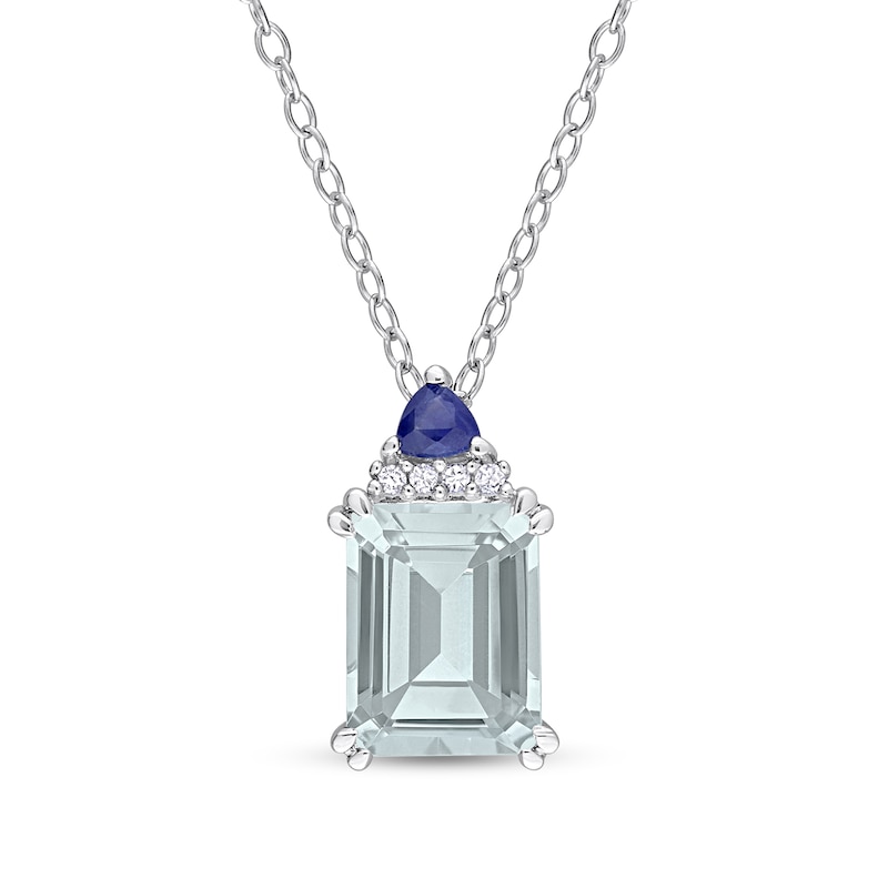 Emerald-Cut Aquamarine, Blue Sapphire and Diamond Accent Stacked Pendant in Sterling Silver|Peoples Jewellers