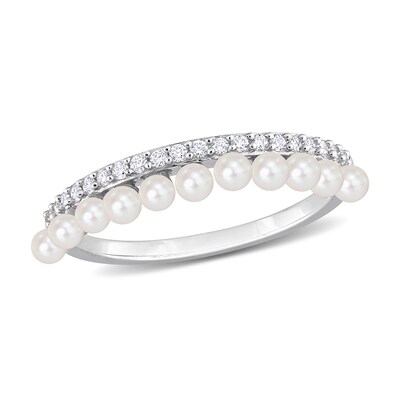 2.0-2.5mm Freshwater Cultured Pearl and 0.16 CT. T.W. Diamond Double Row Ring in 14K White Gold