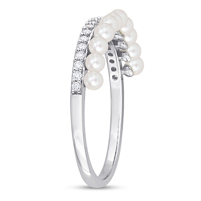 2.0-2.5mm Freshwater Cultured Pearl and 0.16 CT. T.W. Diamond Double Row Ring in 14K White Gold