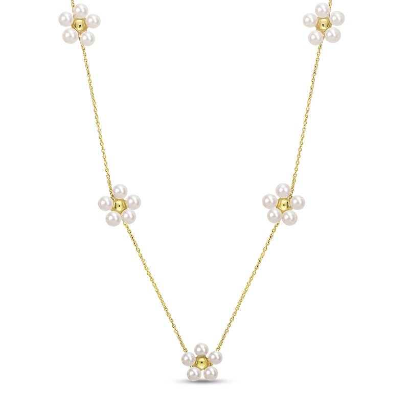 2.5-3.0mm Freshwater Cultured Pearl Flower Station Necklace in 10K Gold-18”