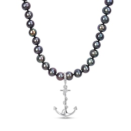 Men’s Black Freshwater Cultured Pearl and Anchor Necklace in Sterling Silver-21”