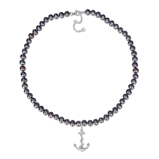 Men’s Black Freshwater Cultured Pearl and Anchor Necklace in Sterling Silver-21”