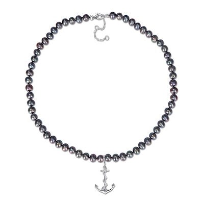 Men’s Black Freshwater Cultured Pearl and Anchor Necklace in Sterling Silver-21”