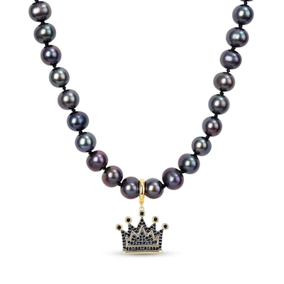 Men’s 7.0-7.5mm Black Cultured Pearl and 0.36 CT. T.W. Diamond Crown Necklace in Sterling Silver/Yellow Rhodium-21”