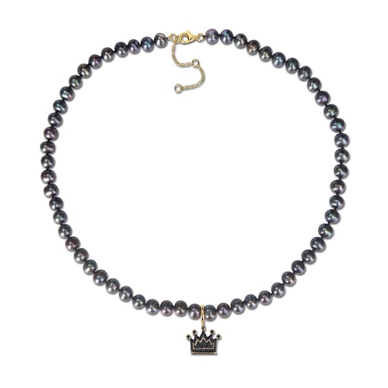 Men’s 7.0-7.5mm Black Cultured Pearl and 0.36 CT. T.W. Diamond Crown Necklace in Sterling Silver/Yellow Rhodium-21”