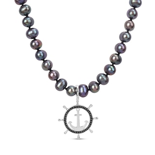 Men’s 7.0-7.5mm Black Cultured Pearl and 0.30 CT. T.W. Black Diamond Helm and Anchor Necklace in Sterling Silver-21”