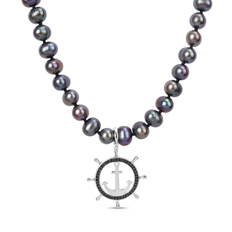Men’s 7.0-7.5mm Black Cultured Pearl and 0.30 CT. T.W. Black Diamond Helm and Anchor Necklace in Sterling Silver-21”|Peoples Jewellers