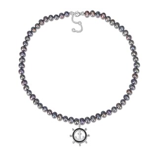 Men’s 7.0-7.5mm Black Cultured Pearl and 0.30 CT. T.W. Black Diamond Helm and Anchor Necklace in Sterling Silver-21”