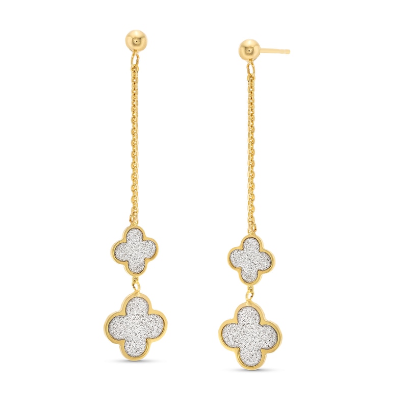 Italian Gold Glitter Enamel Double Clover Linear Chain Drop Earrings in 14K Gold|Peoples Jewellers