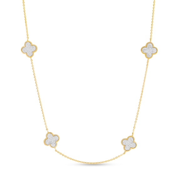 Italian Gold Glitter Clover Station Necklace in Solid 14K Gold