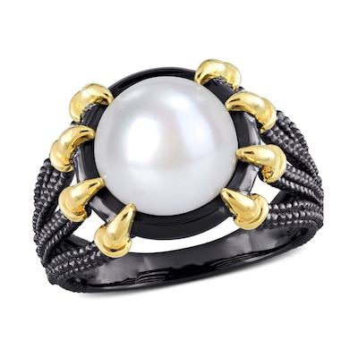 Men’s 10.5-11.0mm Freshwater Cultured Pearl Dragon Claw Ring in Sterling Silver with Black Rhodium and Yellow Gold Plate