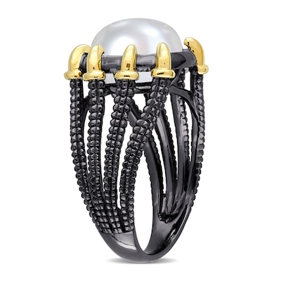 Men’s 10.5-11.0mm Freshwater Cultured Pearl Dragon Claw Ring in Sterling Silver with Black Rhodium and Yellow Gold Plate