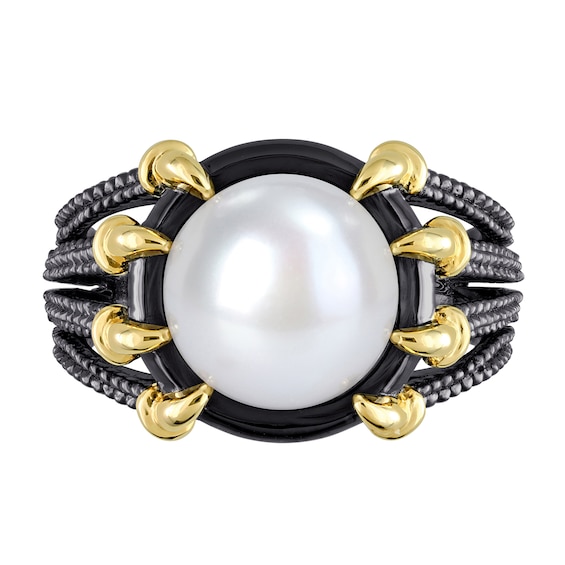 Men’s 10.5-11.0mm Freshwater Cultured Pearl Dragon Claw Ring in Sterling Silver with Black Rhodium and Yellow Gold Plate