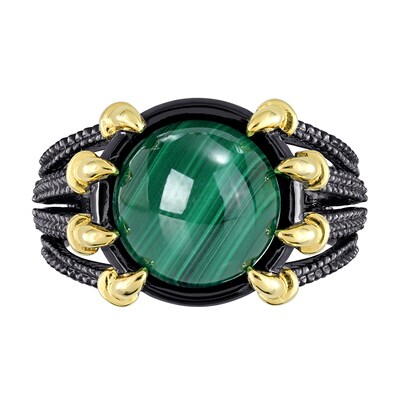 Men’s 11.0mm Malachite Dragon Claw Ring in Sterling Silver with Black Rhodium and Yellow Gold Plate