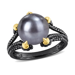 Men’s 10.5-11.0mm Black Freshwater Cultured Pearl Claw Ring in Sterling Silver with Black Rhodium and Yellow Gold Plate