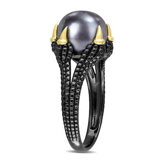 Men’s 10.5-11.0mm Black Freshwater Cultured Pearl Claw Ring in Sterling Silver with Black Rhodium and Yellow Gold Plate