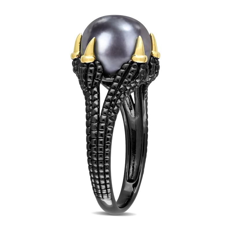 Men’s 10.5-11.0mm Black Freshwater Cultured Pearl Claw Ring in Sterling Silver with Black Rhodium and Yellow Gold Plate