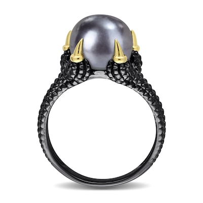 Men’s 10.5-11.0mm Black Freshwater Cultured Pearl Claw Ring in Sterling Silver with Black Rhodium and Yellow Gold Plate