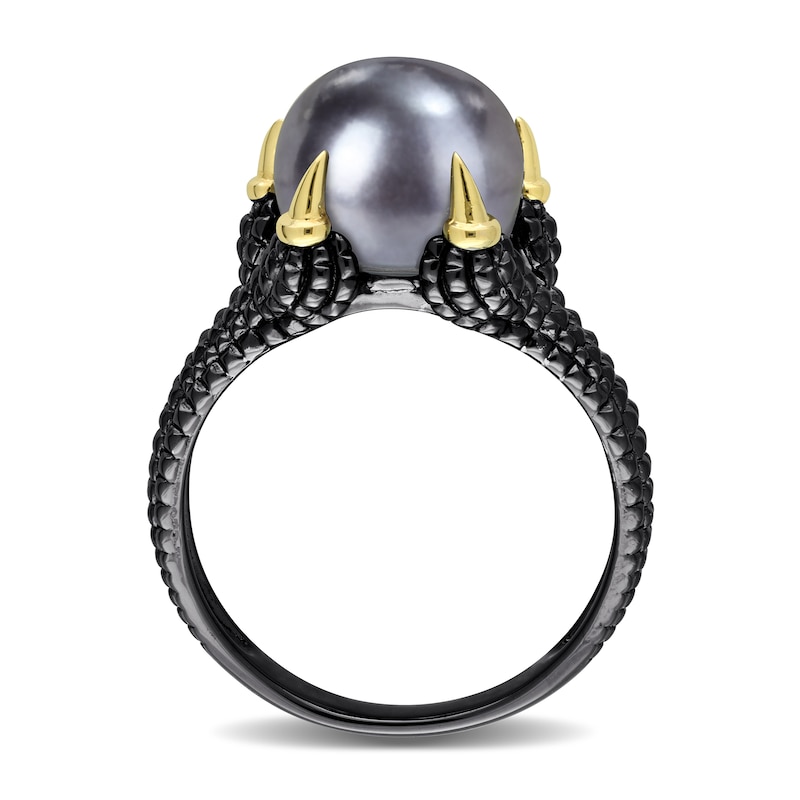 Men’s 10.5-11.0mm Black Freshwater Cultured Pearl Claw Ring in Sterling Silver with Black Rhodium and Yellow Gold Plate