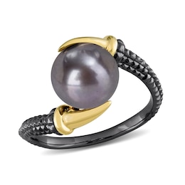 Men’s 9.5mm Black Freshwater Cultured Pearl Claw Prong Ring in Sterling Silver with Black Rhodium and Yellow Gold Plate