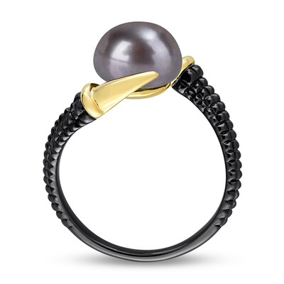 Men’s 9.5mm Black Freshwater Cultured Pearl Claw Prong Ring in Sterling Silver with Black Rhodium and Yellow Gold Plate