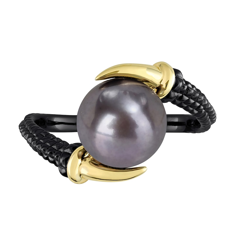 Men’s 9.5mm Black Freshwater Cultured Pearl Claw Prong Ring in Sterling Silver with Black Rhodium and Yellow Gold Plate