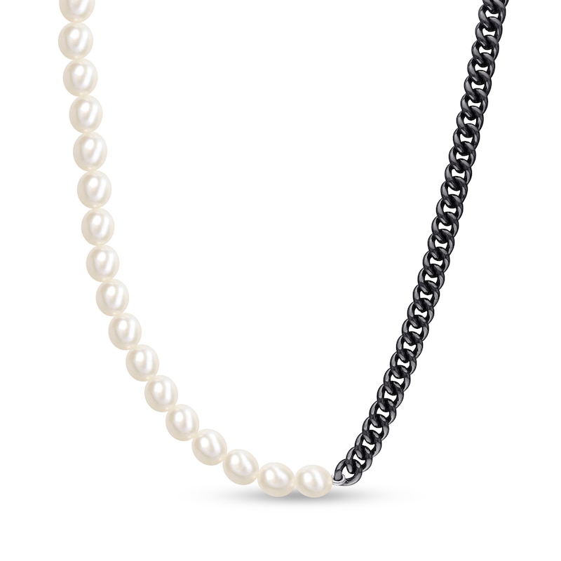 7.0-7.5mm Freshwater Cultured Pearl and Curb Chain Necklace in Black-Plated Sterling Silver – 22”