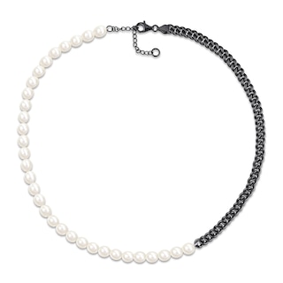 7.0-7.5mm Freshwater Cultured Pearl and Curb Chain Necklace in Black-Plated Sterling Silver – 22”