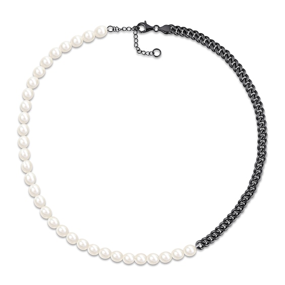 7.0-7.5mm Freshwater Cultured Pearl and Curb Chain Necklace in Black-Plated Sterling Silver – 22”