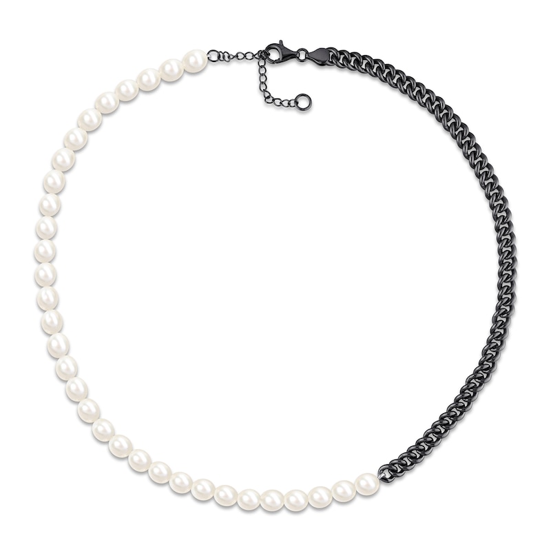 7.0-7.5mm Freshwater Cultured Pearl and Curb Chain Necklace in Black-Plated Sterling Silver – 22”|Peoples Jewellers