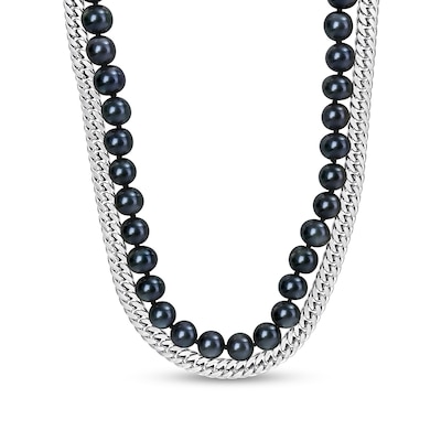 Men’s 7.5-8.0mm Black Freshwater Cultured Pearl & Curb Chain Necklace in Sterling Silver-22”