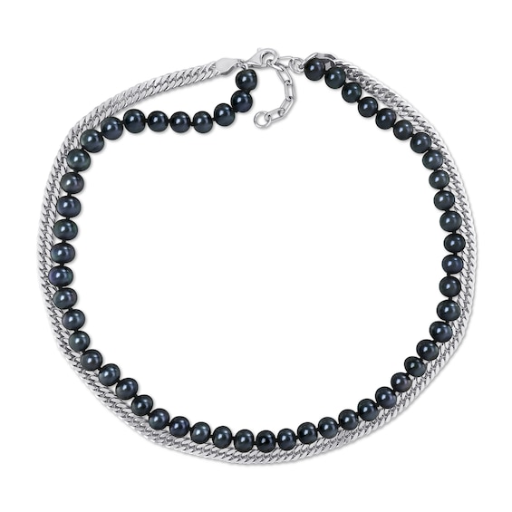 Men’s 7.5-8.0mm Black Freshwater Cultured Pearl & Curb Chain Necklace in Sterling Silver-22”