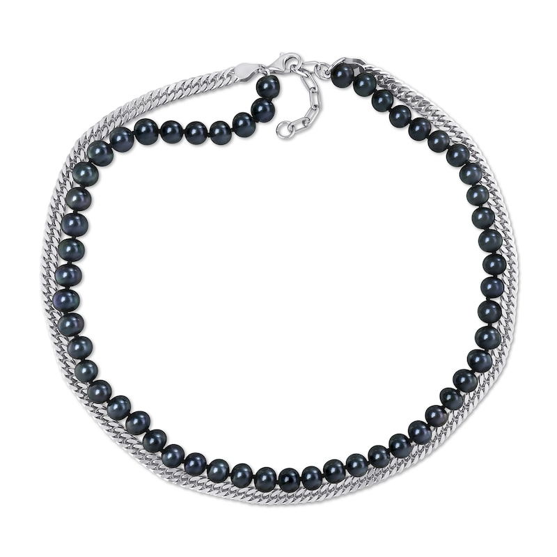 Men’s 7.5-8.0mm Black Freshwater Cultured Pearl & Curb Chain Necklace in Sterling Silver-22”|Peoples Jewellers