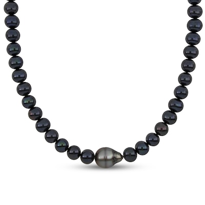 Men’s 9.0-12.0mm Black Freshwater Cultured Pearl Necklace with Sterling Silver Clasp-20”